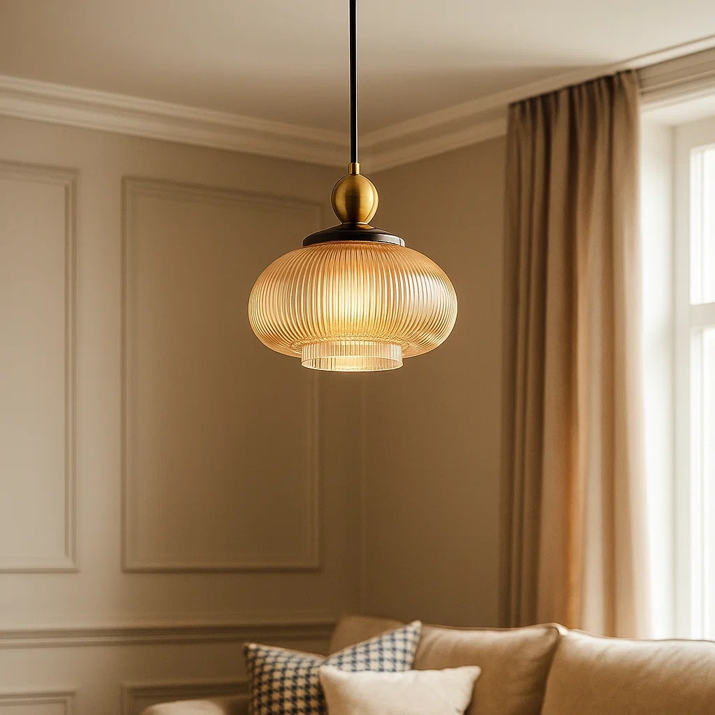 Lámpara colgante de cristal acanalado ámbar con acabado en latón