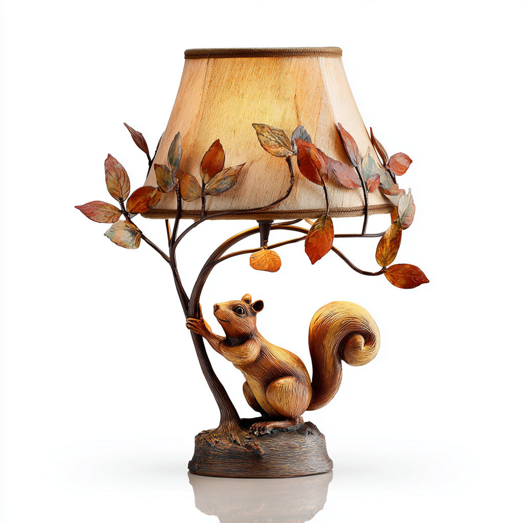 Lámpara de mesa decorativa con ardilla y hojas otoñales