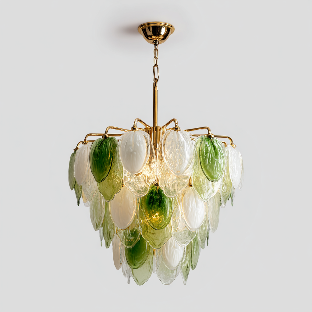 Lámpara de techo colgante con hojas de vidrio verde y blanco en capas
