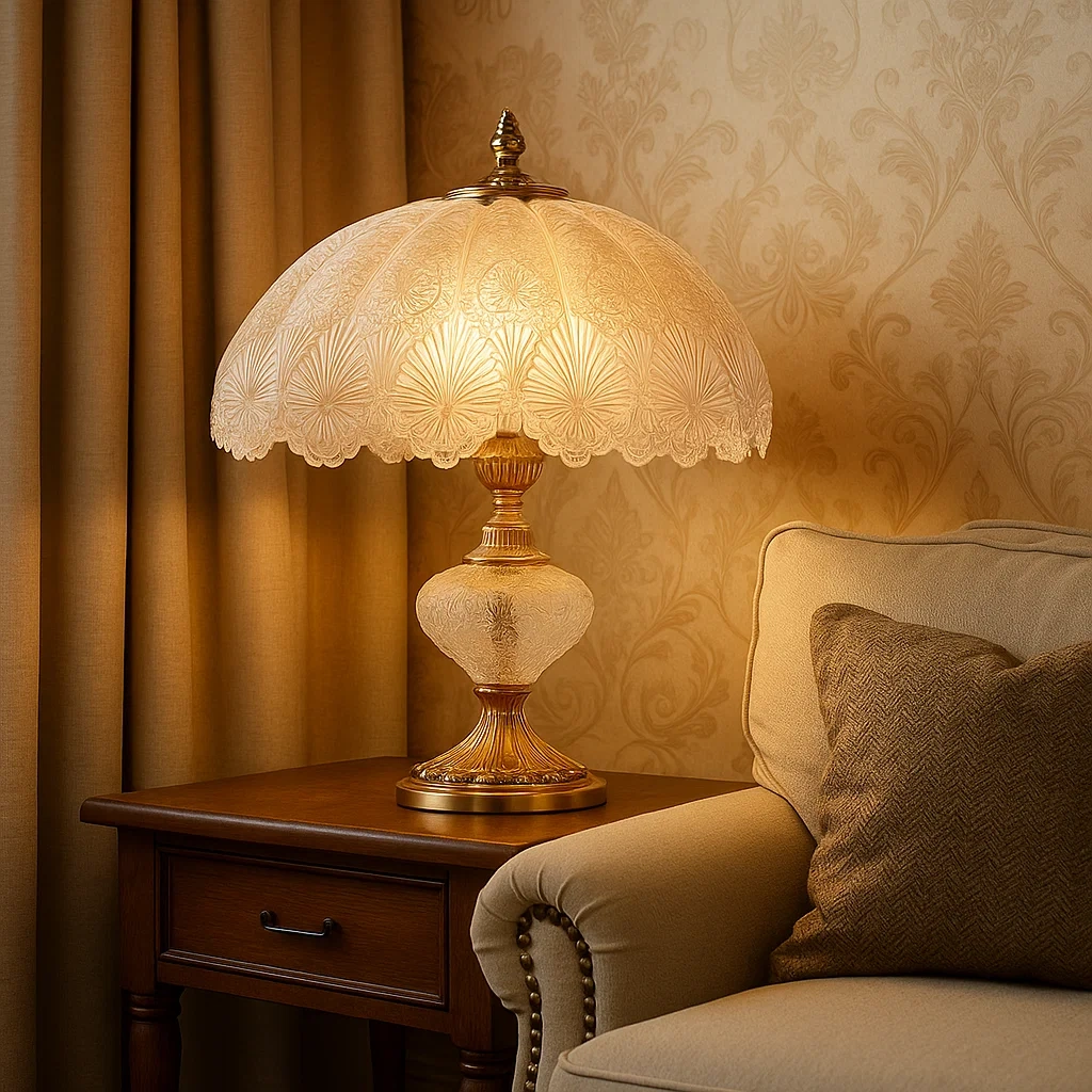 Lámpara de mesa vintage con pantalla de cristal tallado y base dorada