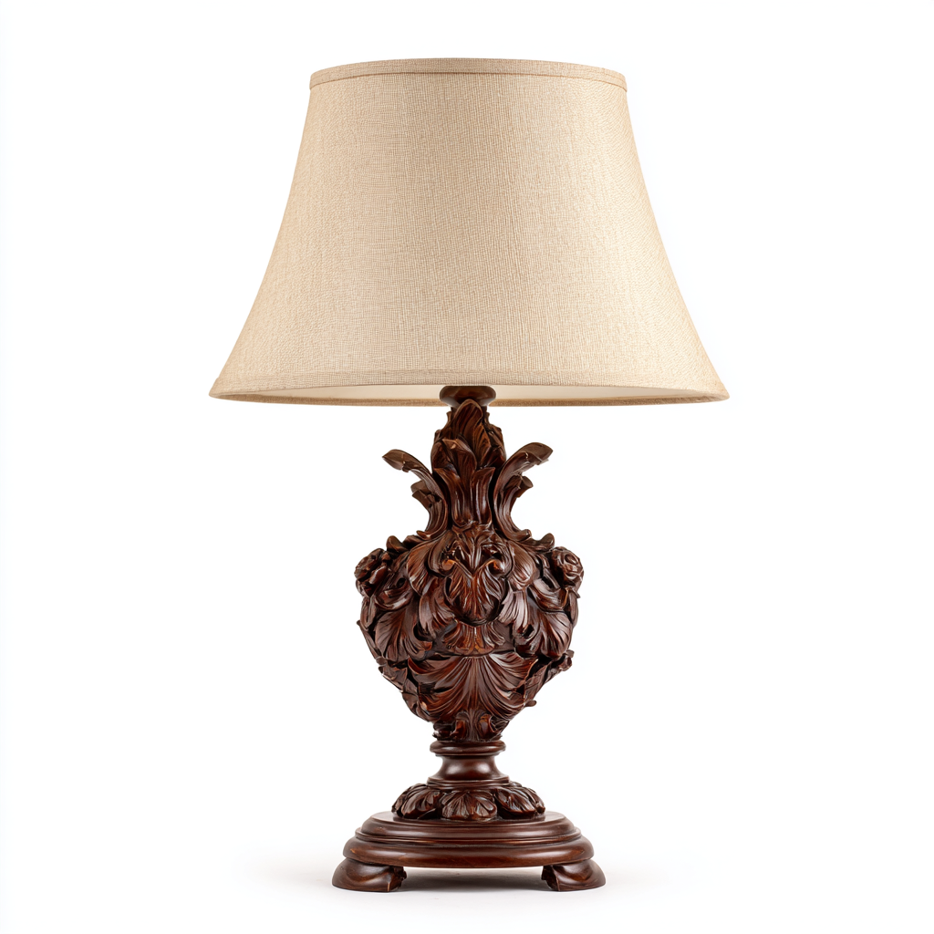 Lámpara de mesa clásica con base tallada en madera y pantalla de lino beige