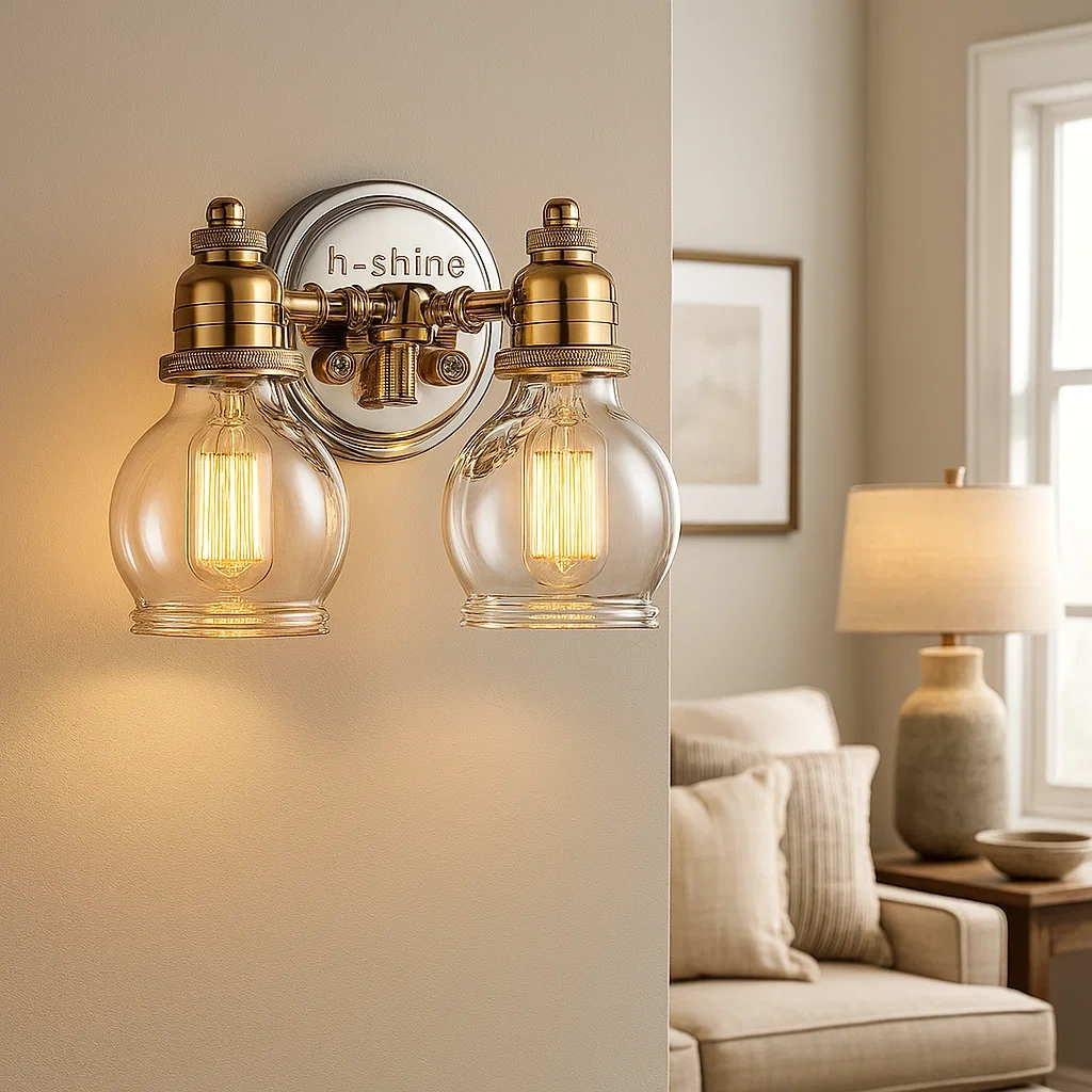 Aplique de pared vintage con detalles en latón y vidrio transparente