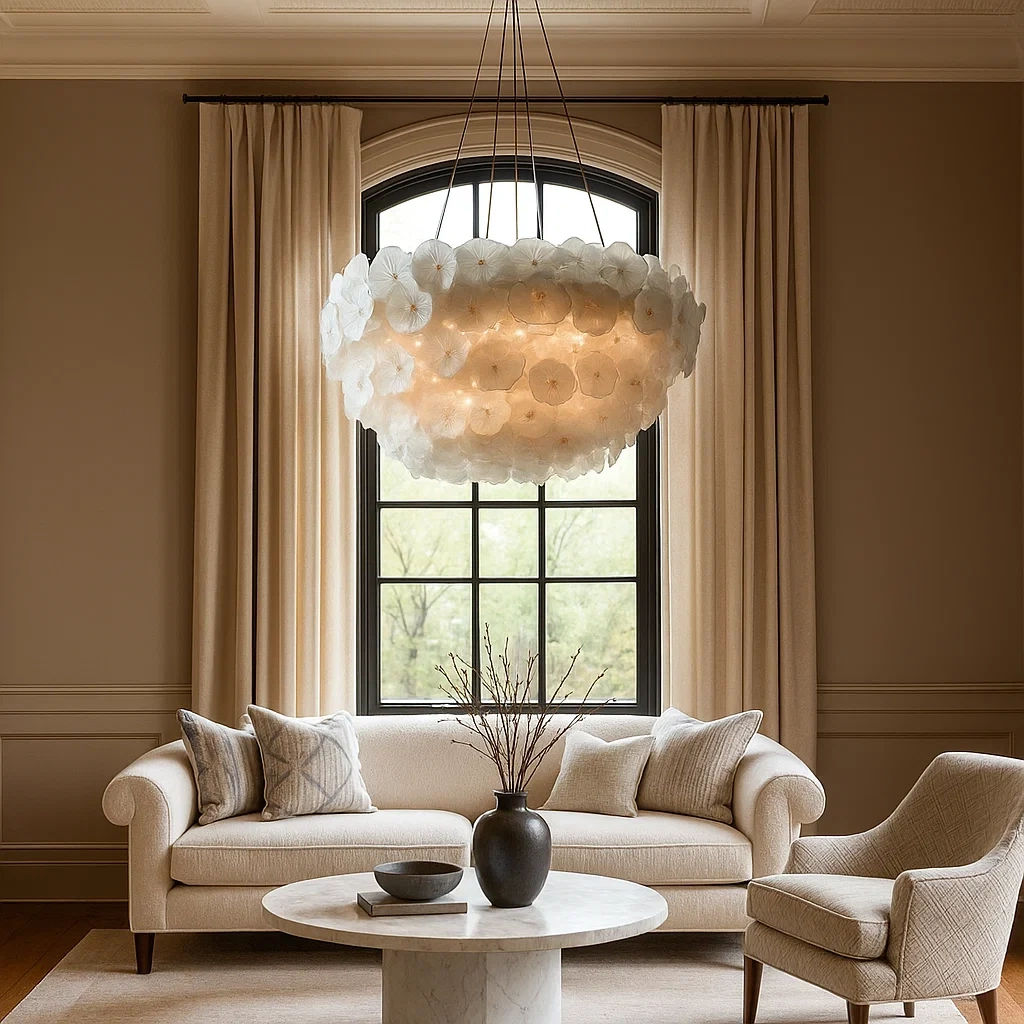 Lámpara colgante circular grande con flores de vidrio esmerilado