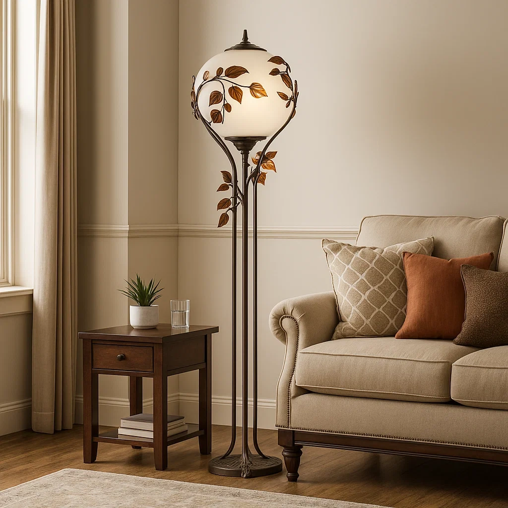 Lámpara de pie vintage con pantalla esférica y detalles florales de bronce
