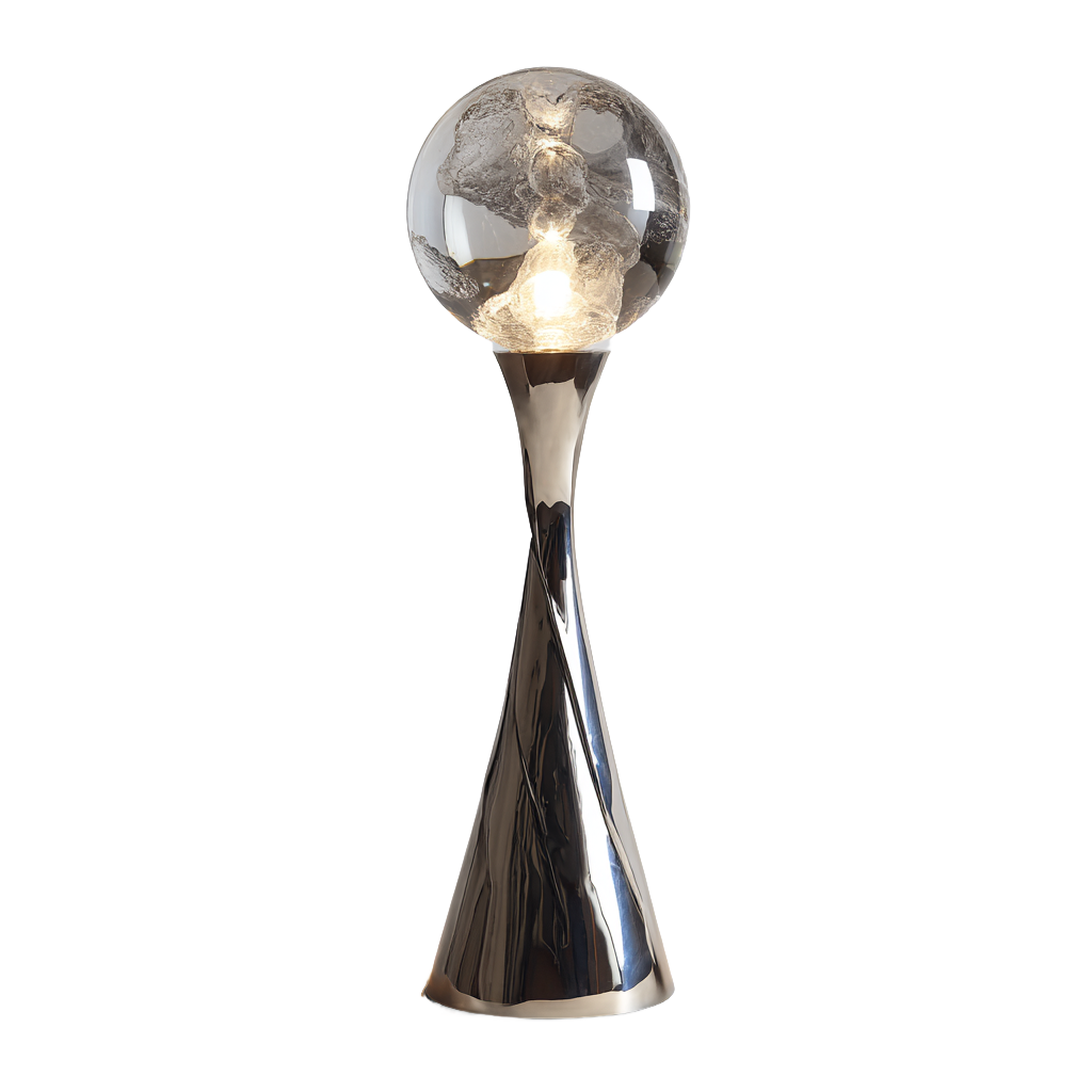 Lámpara de pie moderna con base metálica pulida y pantalla esférica de vidrio