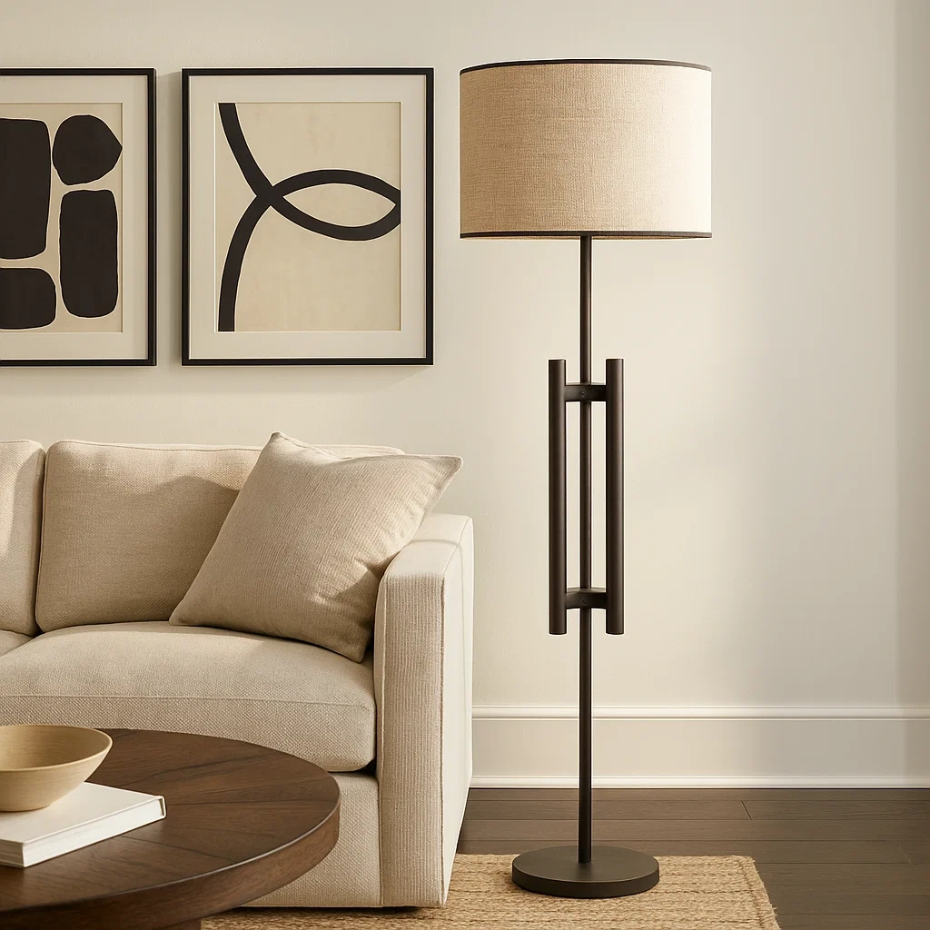 Lámpara de pie moderna con base de bronce oscuro y pantalla de tela beige