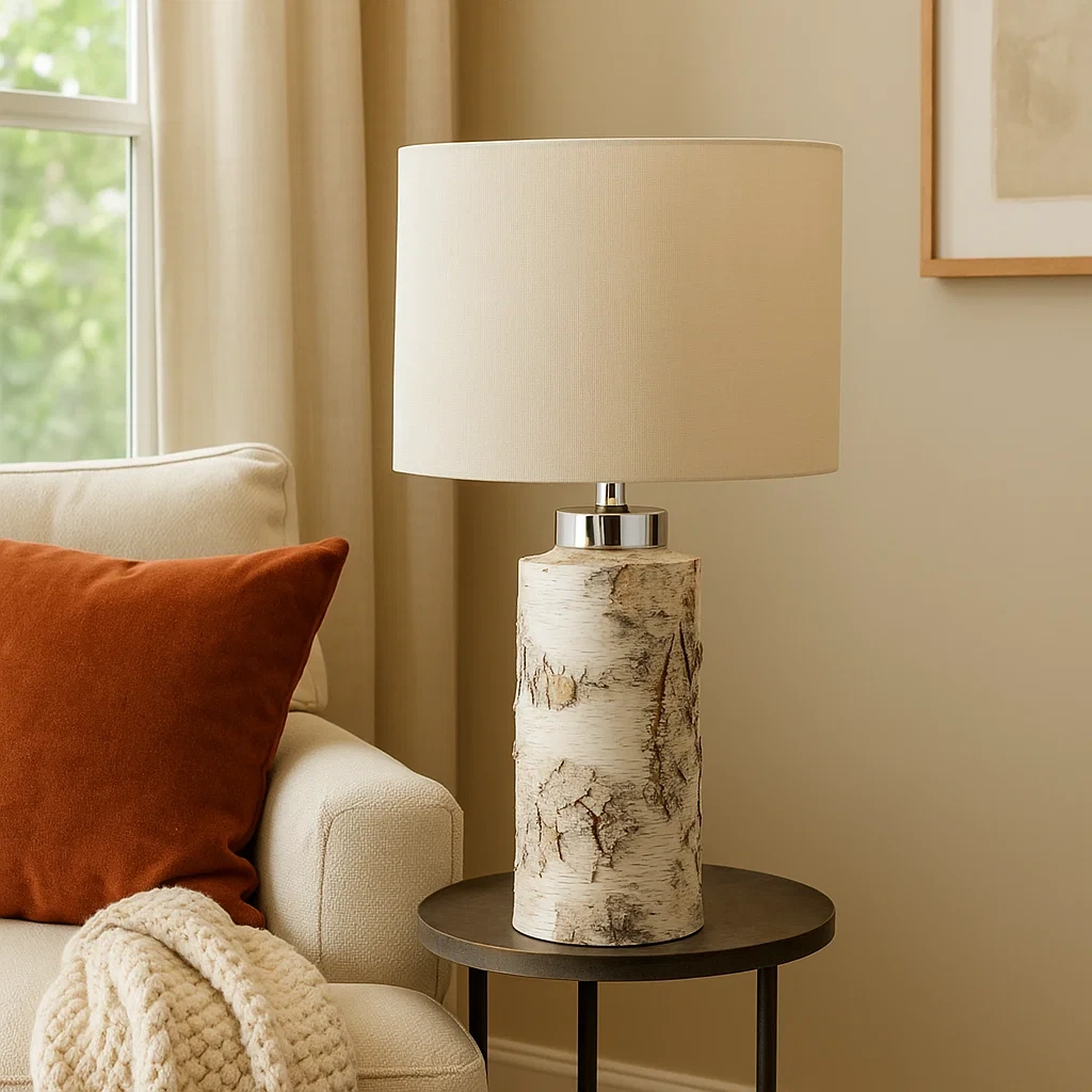 Lámpara de mesa estilo tronco de abedul con pantalla de tela