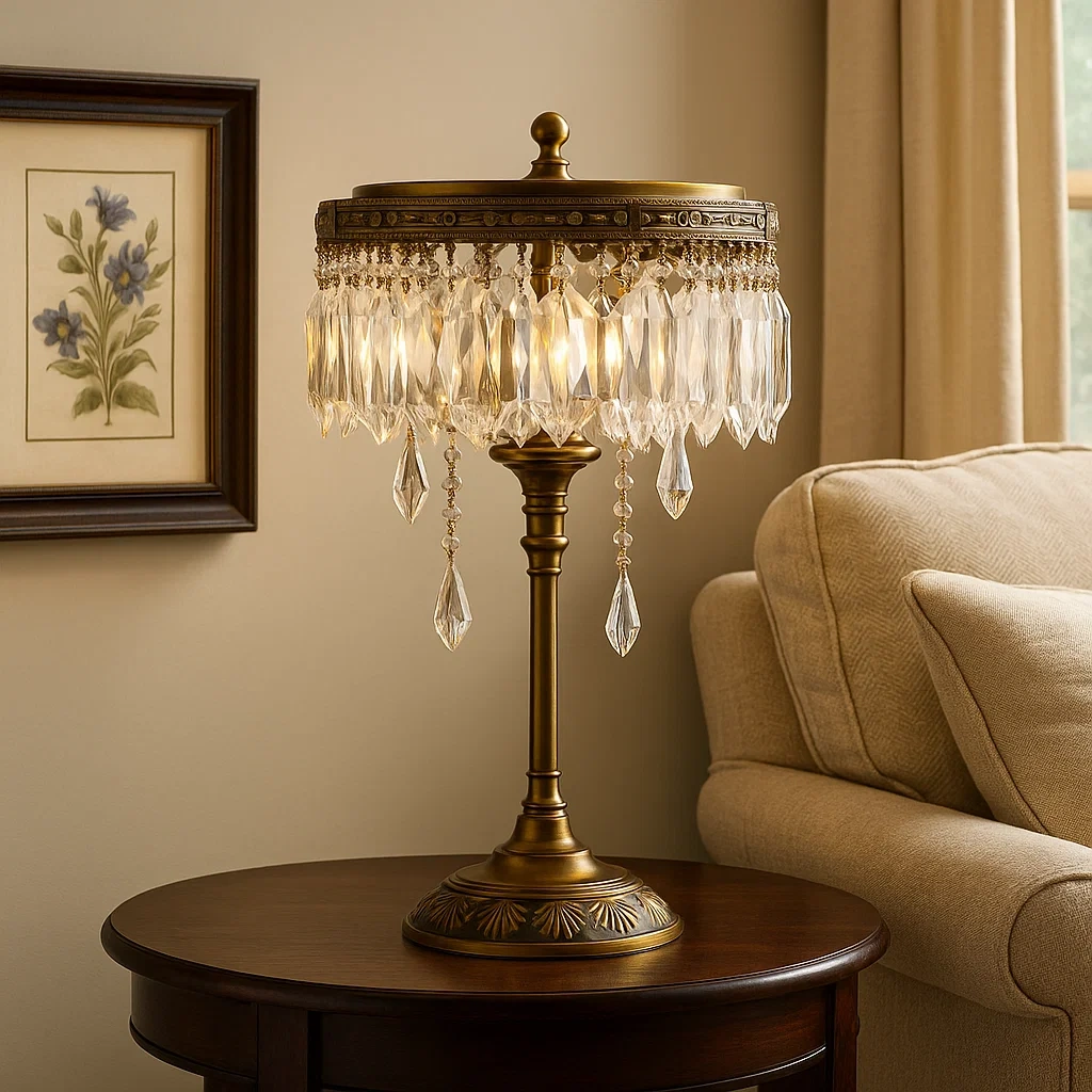 Lámpara de mesa vintage de cristal con base de latón antiguo