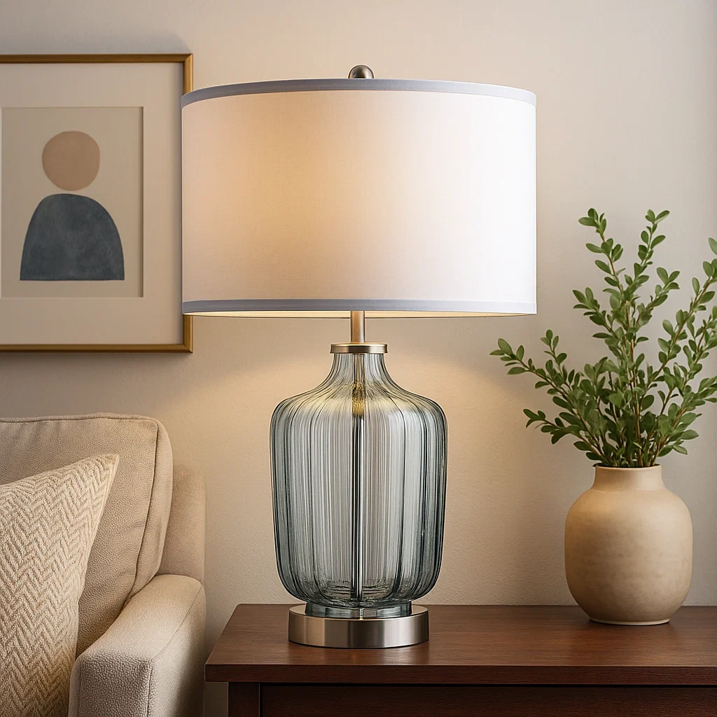 Lámpara de mesa con base de vidrio azul y pantalla blanca