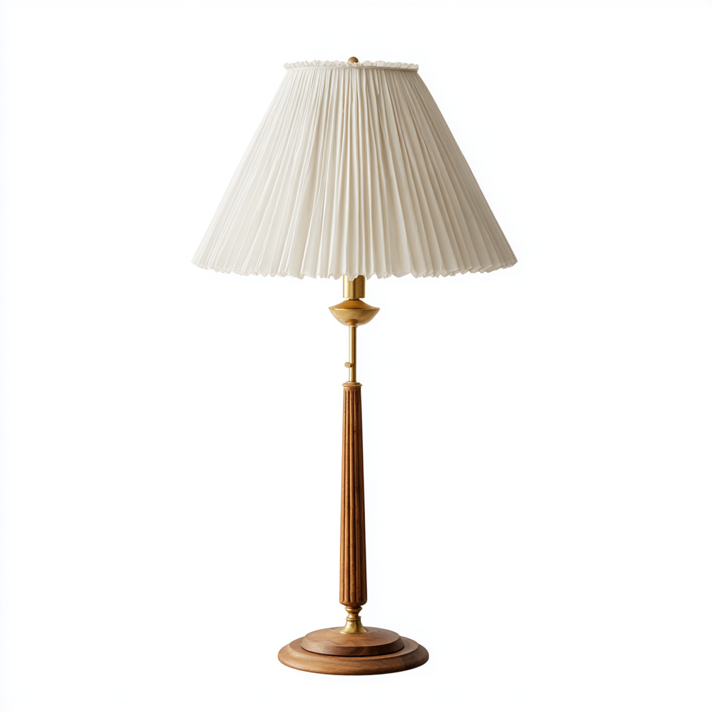 Lámpara de pie clásica con pantalla plisada blanca y base de madera