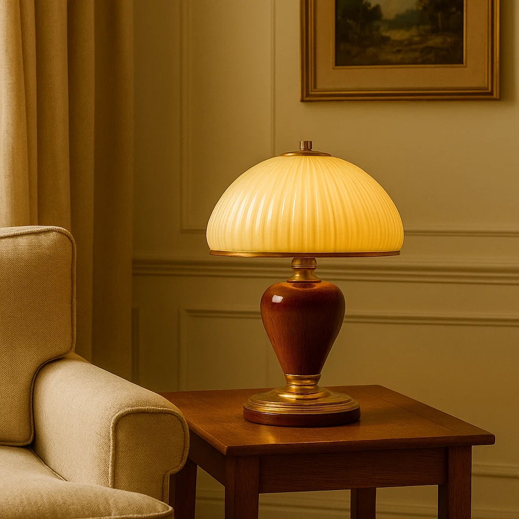 Lámpara de mesa estilo hongo con base de madera y detalles dorados