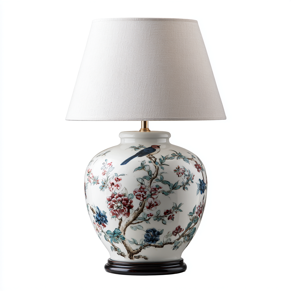 Lámpara de mesa de cerámica con diseño floral y pájaros, pantalla de lino beige