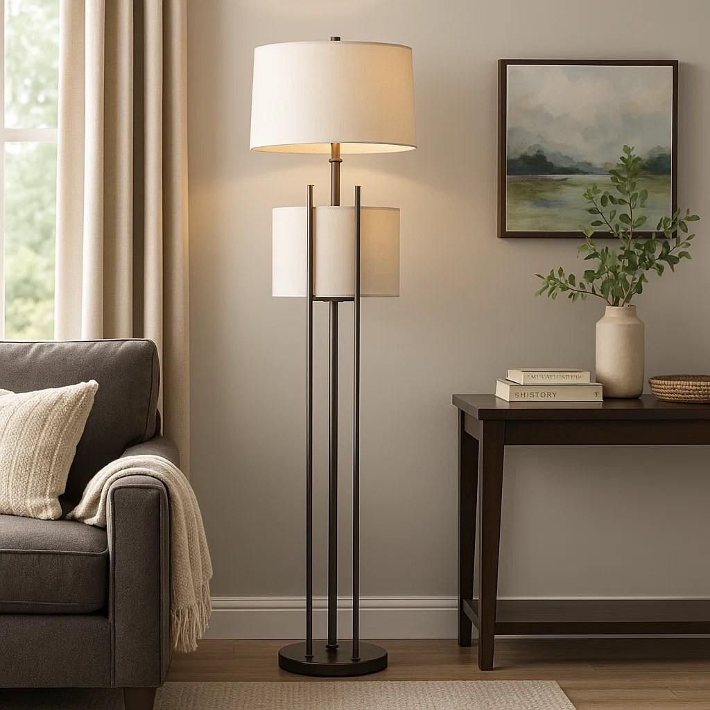 Lámpara de pie moderna de doble pantalla en bronce oscuro y lino beige