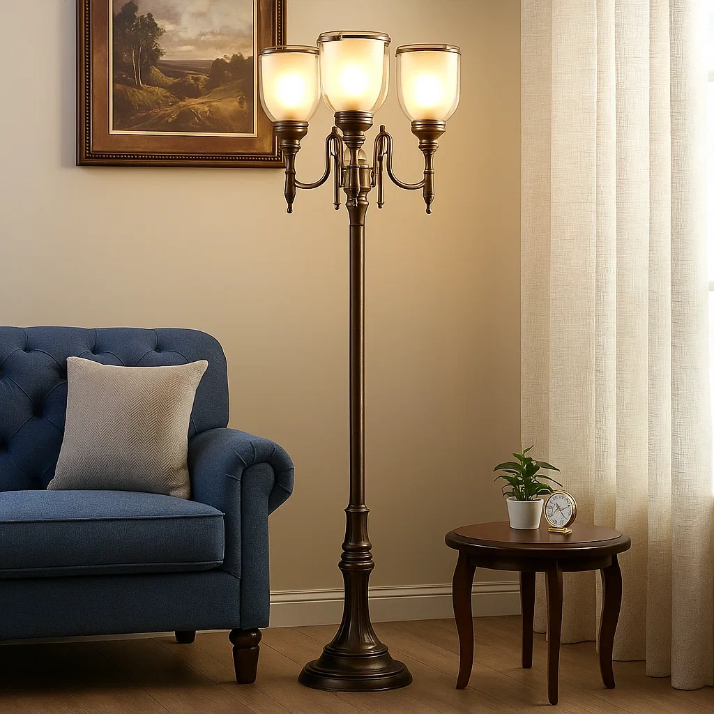Lámpara de pie clásica de tres luces con acabado en bronce antiguo