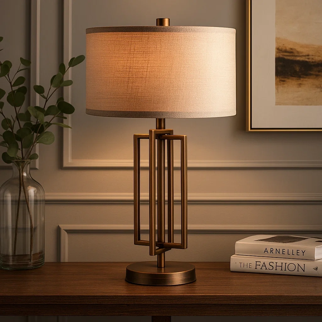 Lámpara de mesa de bronce antiguo con pantalla de lino beige