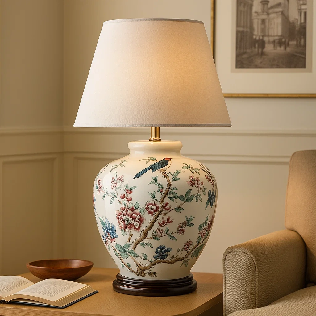 Lámpara de mesa de cerámica con diseño floral y pájaros, pantalla de lino beige