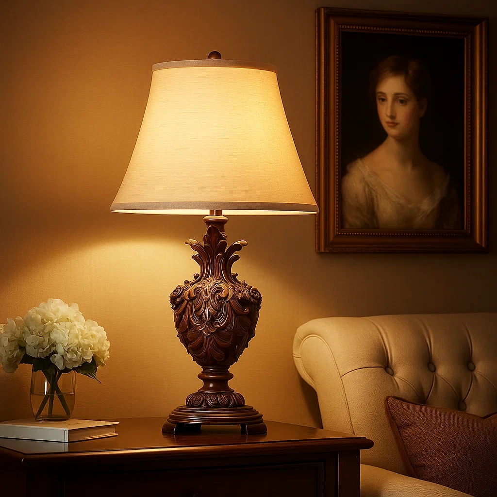 Lámpara de mesa clásica con base tallada en madera y pantalla de lino beige