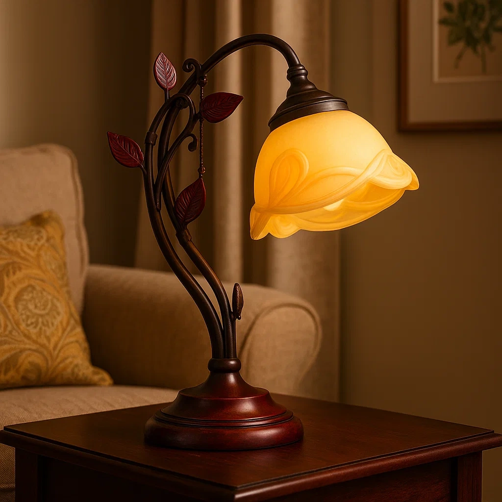 Lámpara de mesa estilo oriental con pantalla de vidrio y base de madera