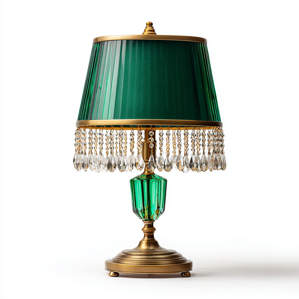 Lámpara de mesa de latón antiguo con cristal esmeralda y pantalla verde con borlas