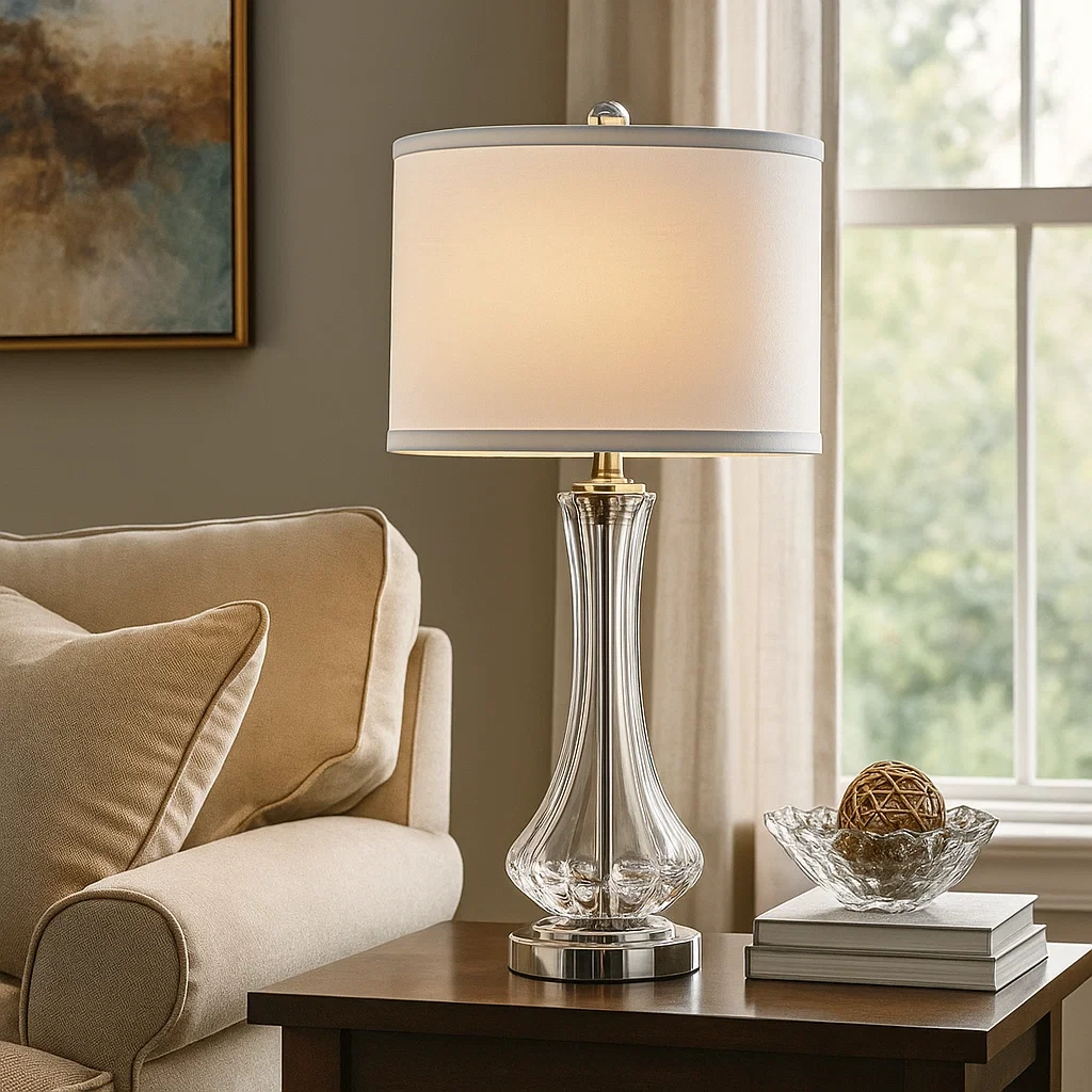 Lámpara de mesa moderna con base de cristal transparente y pantalla blanca