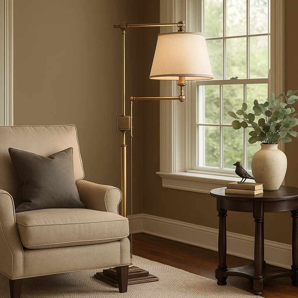 Lámpara de pie de lectura en latón antiguo con brazo ajustable