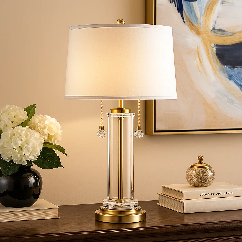 Lámpara de mesa de latón con columna de cristal transparente y pantalla blanca