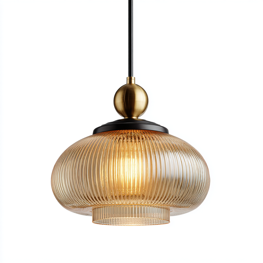 Lámpara colgante de cristal acanalado ámbar con acabado en latón