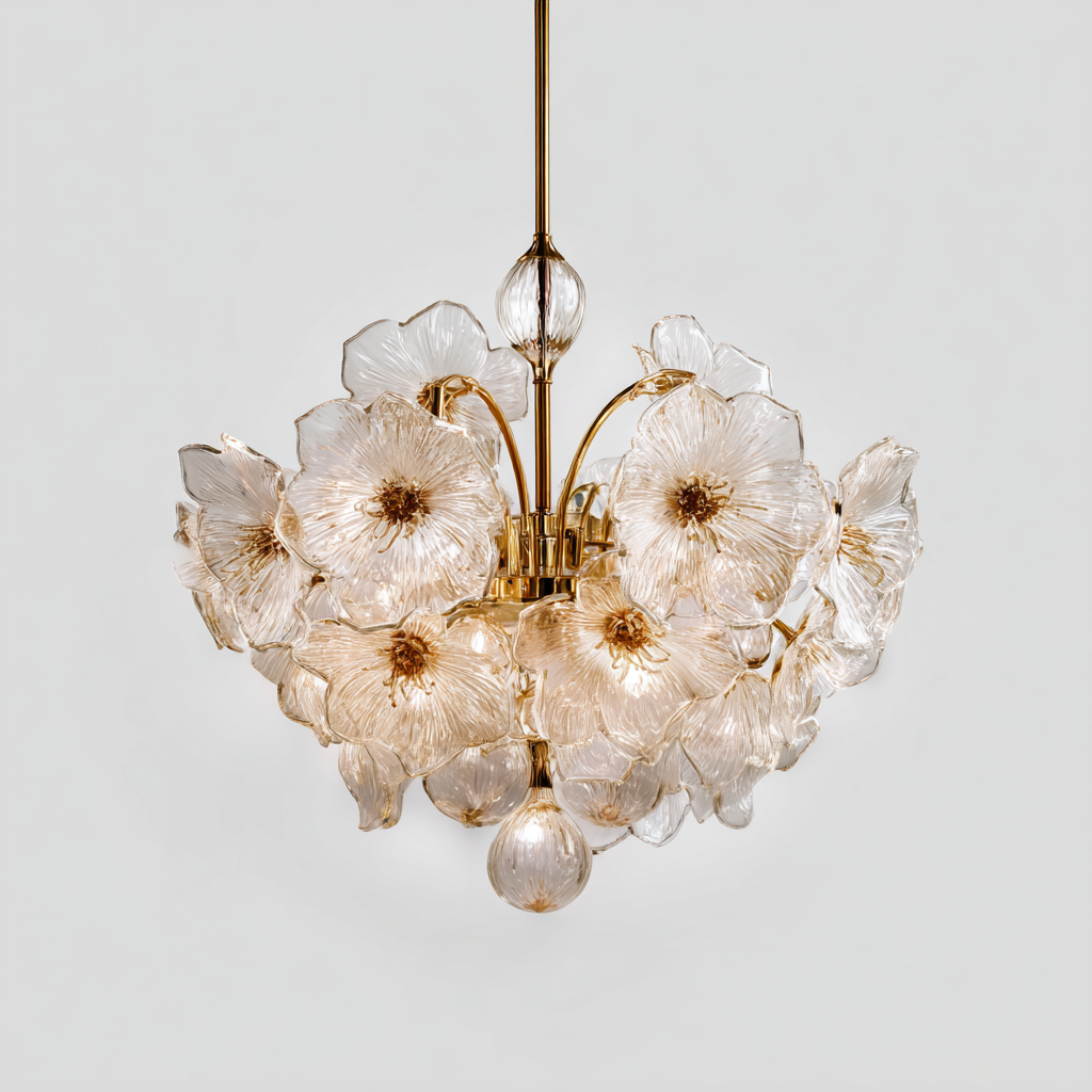Lámpara de techo de cristal transparente con estructura dorada en forma de flores