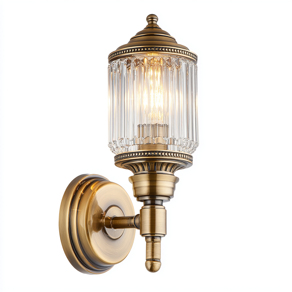 Lámpara de pared con pantalla de cristal y acabado antiguo.