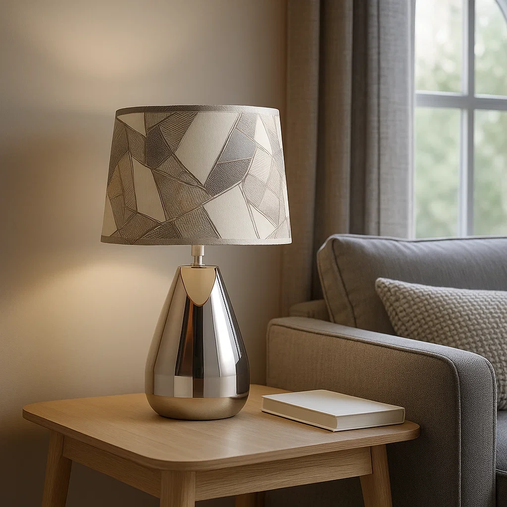 Lámpara de mesa moderna de acero inoxidable con pantalla geométrica