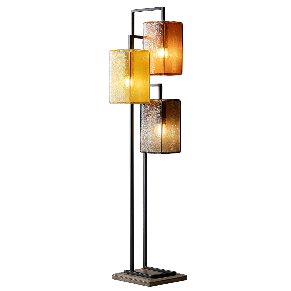 Lámpara de pie con tres pantallas rectangulares de vidrio de colores
