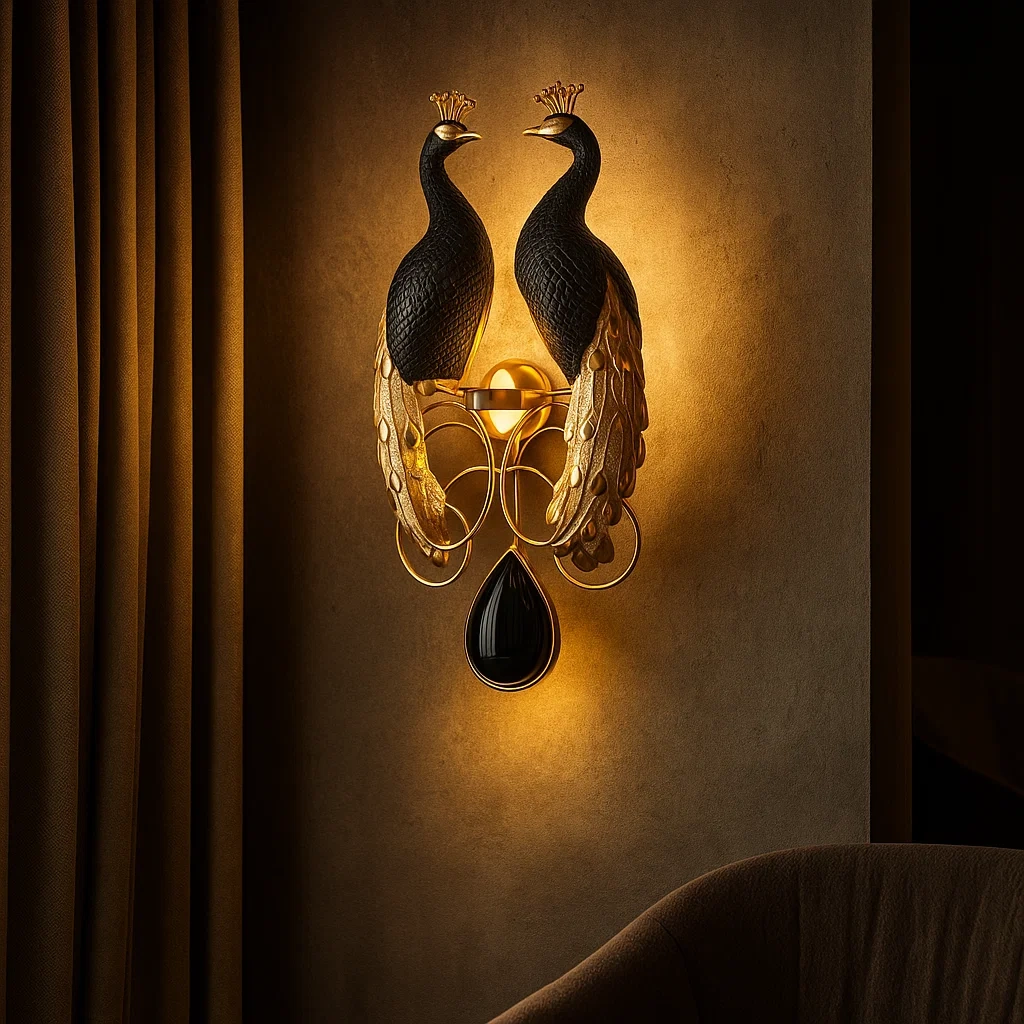 Aplique de pared en forma de pavo real de metal dorado y vidrio negro