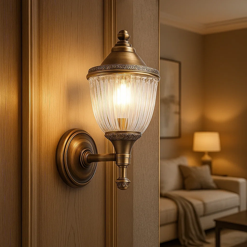 Aplique de pared con acabado en latón antiguo y pantalla de vidrio estriado