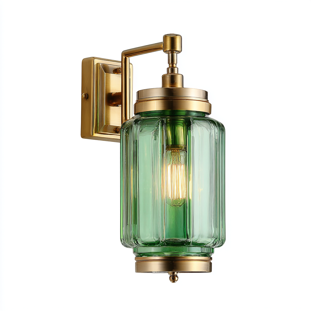 Lámpara de pared con pantalla de cristal verde y acabado en latón