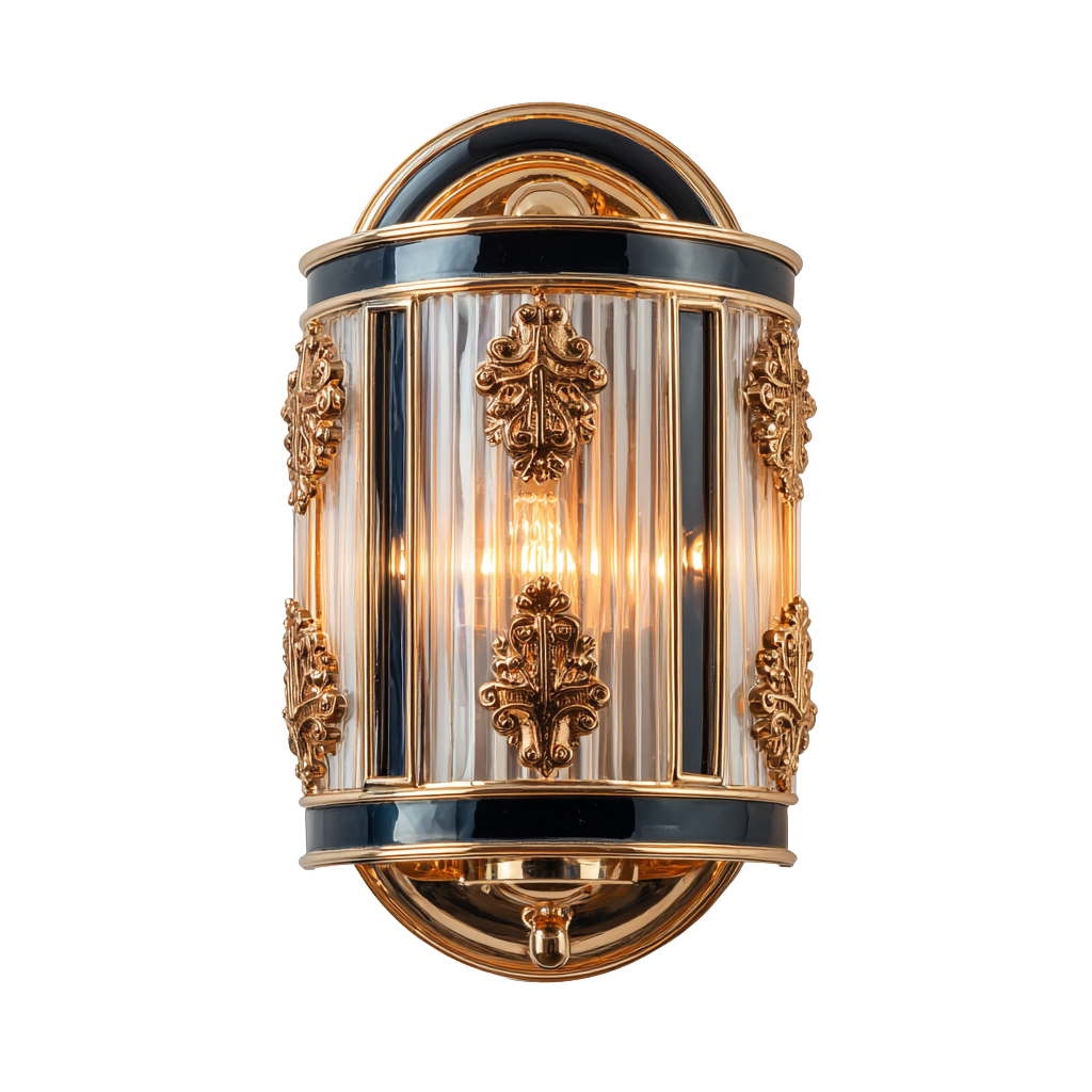 Aplique de pared en forma ovalada con detalles en oro y negro