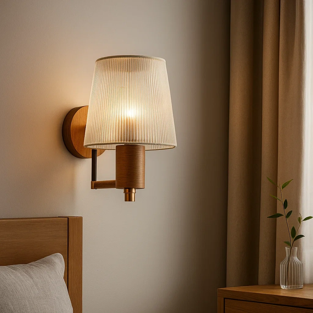 Lámpara de pared moderna con base de madera maciza y pantalla de cristal