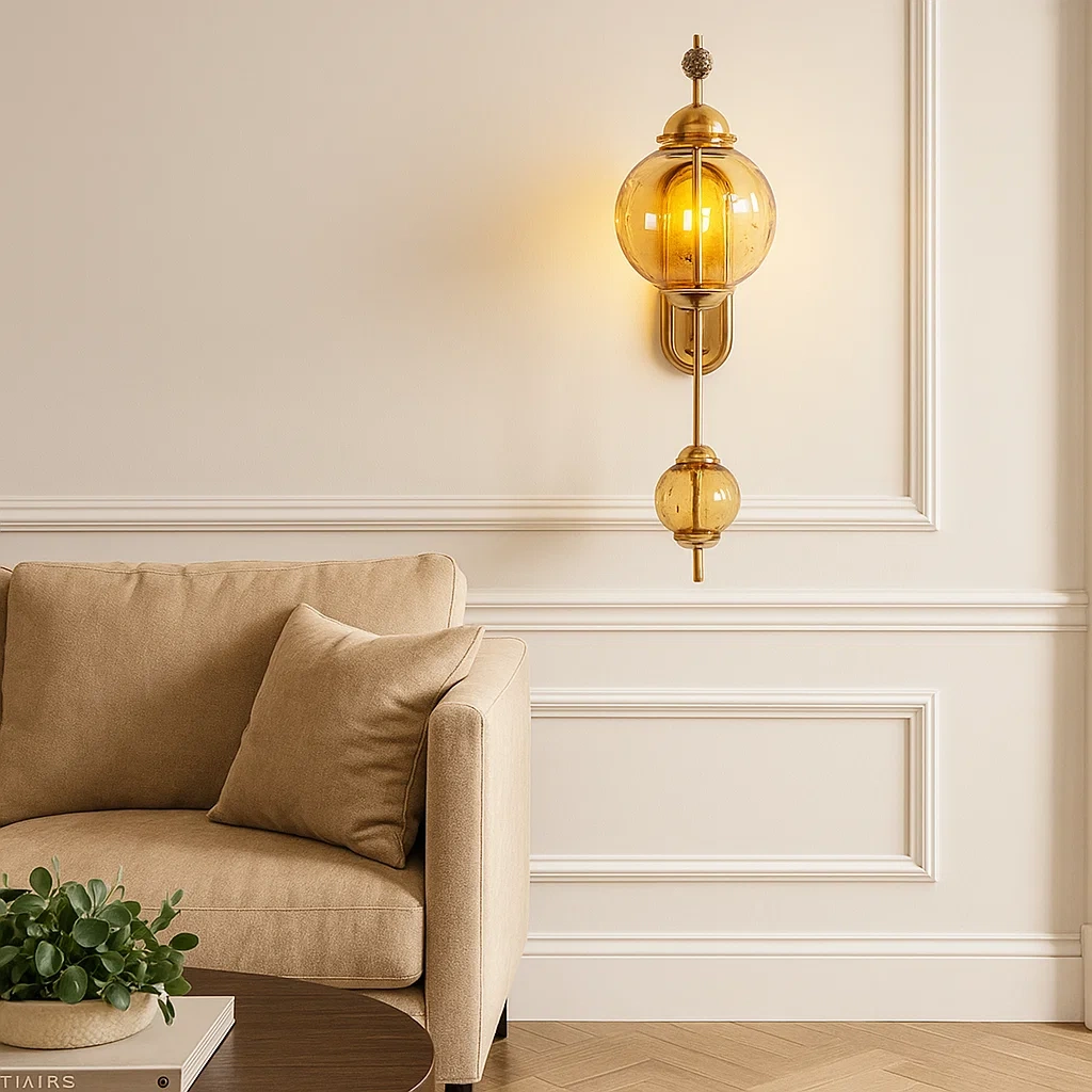 Aplique de pared moderno de latón y vidrio ámbar