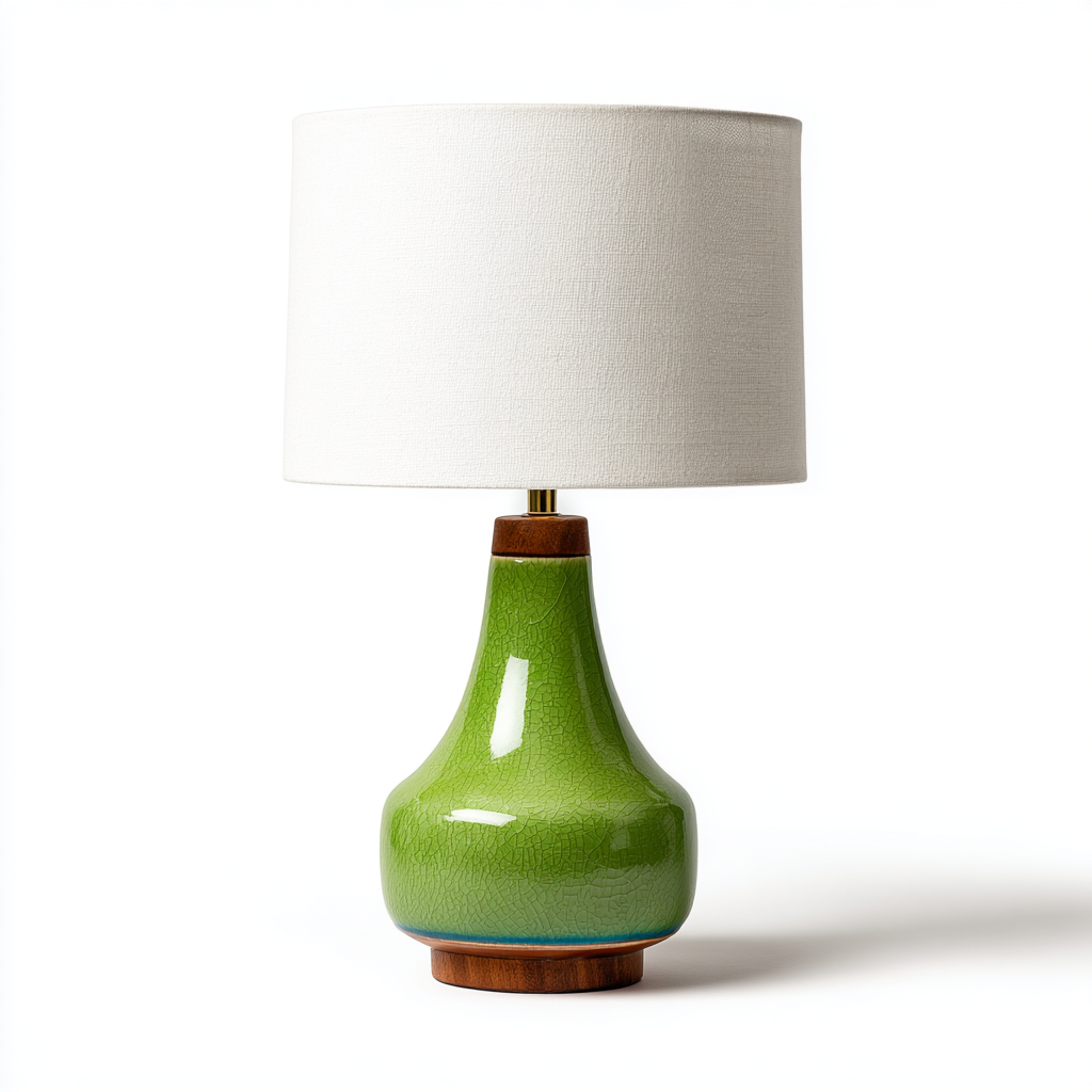 Lámpara de mesa de cerámica verde con base de madera