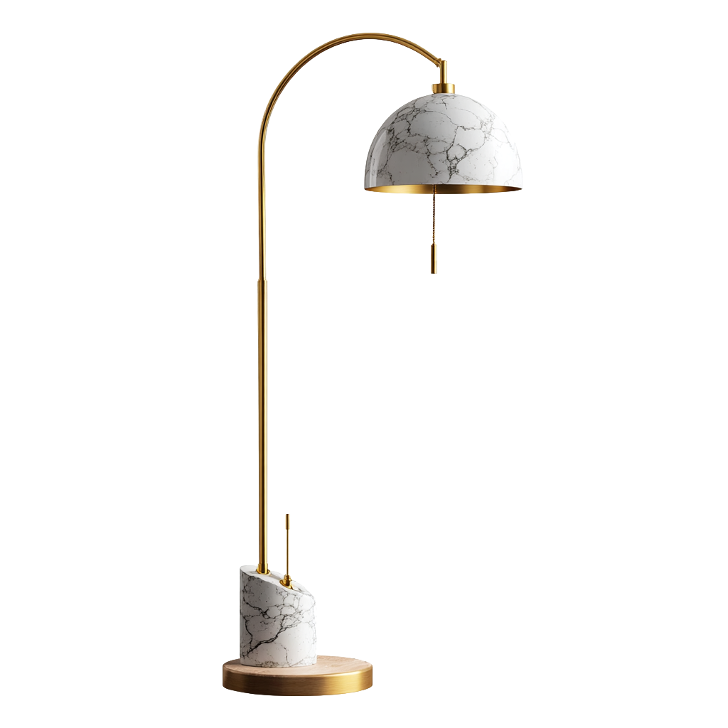 Lámpara de pie dorada con pantalla de mármol en forma de cúpula