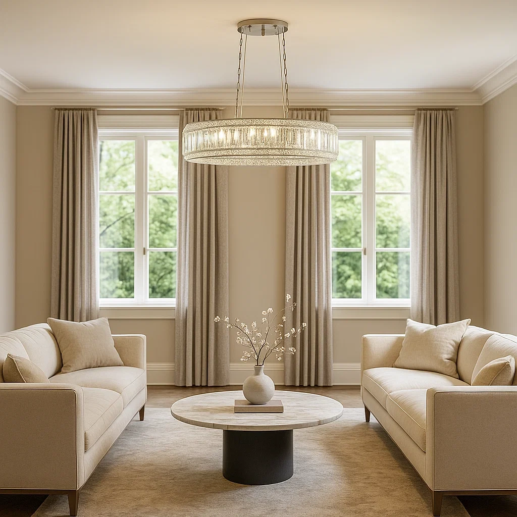 Lámpara colgante redonda de cristal con estructura cromada