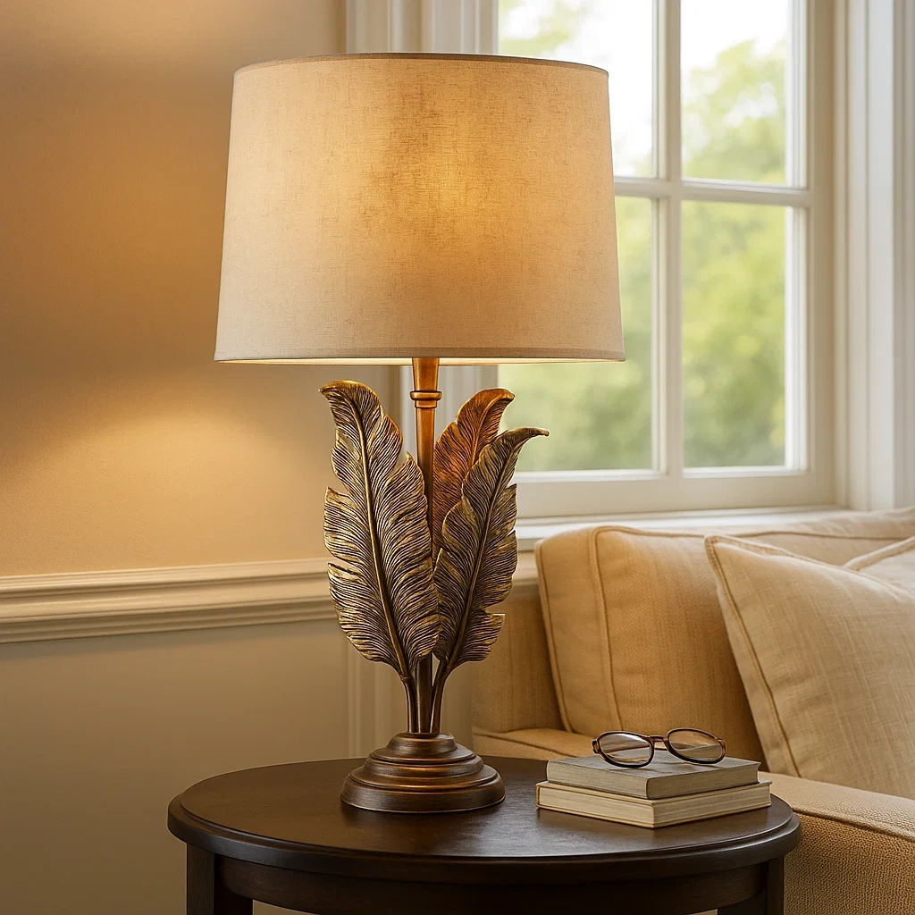 Lámpara de mesa tropical con diseño de hojas de plátano en bronce