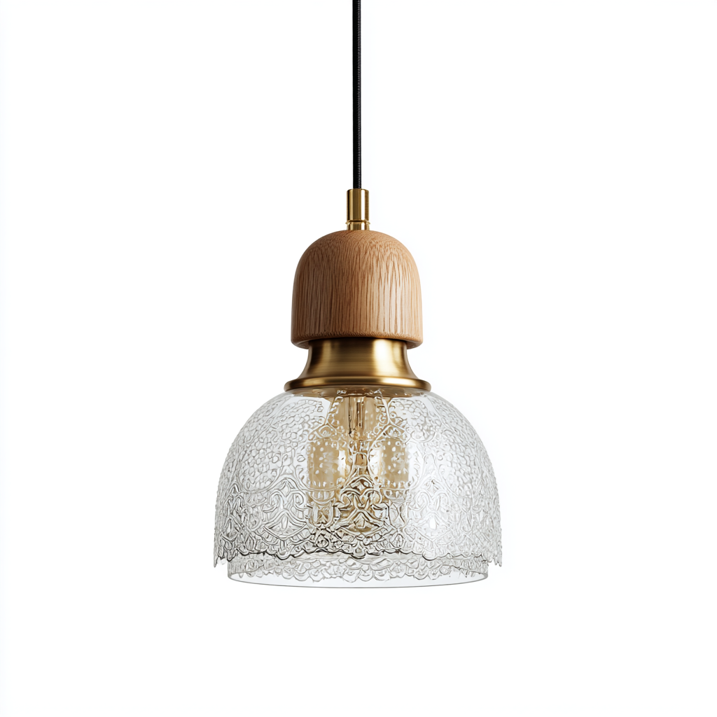 Lámpara colgante de latón con detalles en madera y pantalla de vidrio grabado