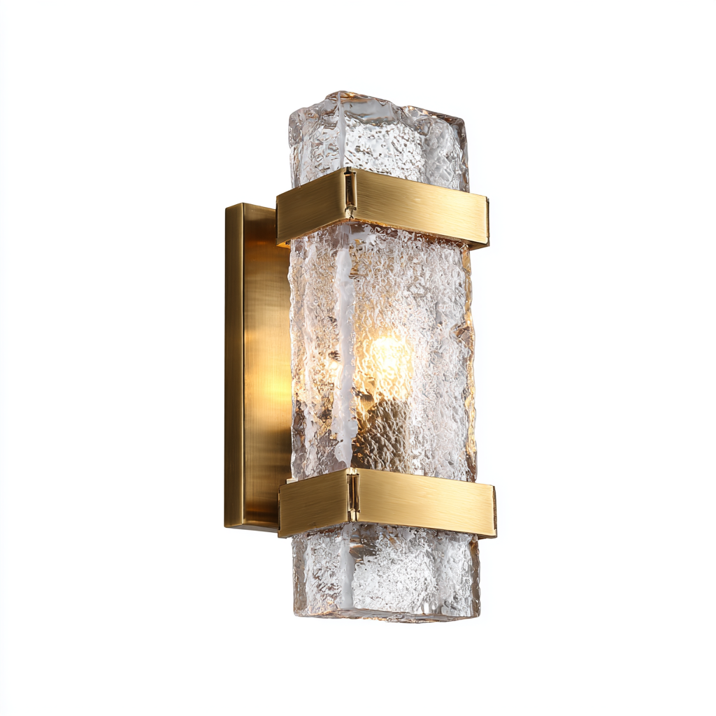Aplique de pared rectangular con cristal texturizado y detalles en dorado