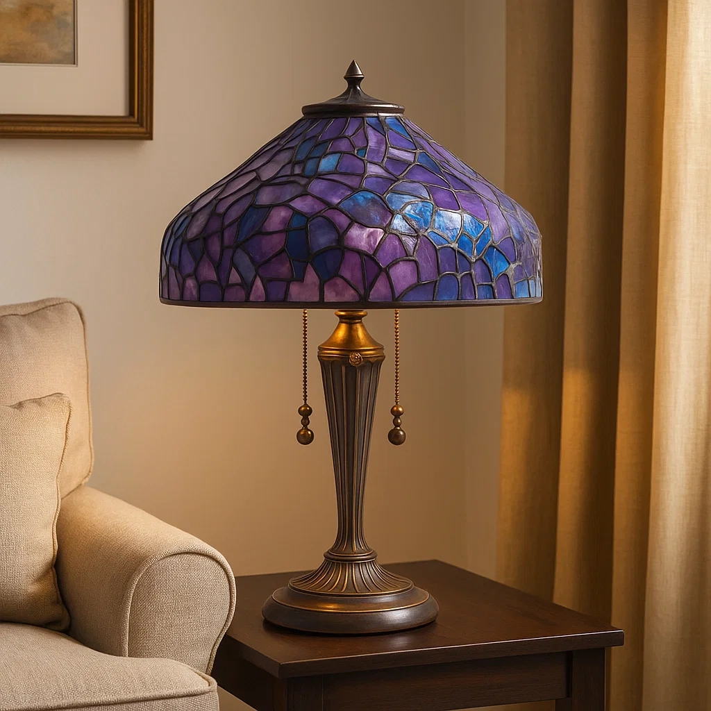 Lámpara de mesa con pantalla de cristal de color morado