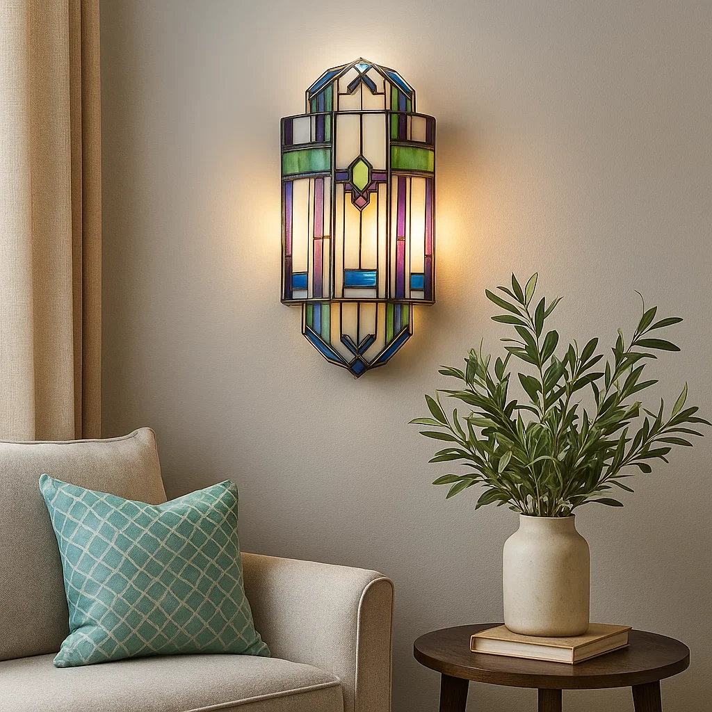 Aplique de pared estilo Art Deco con vidrio de colores