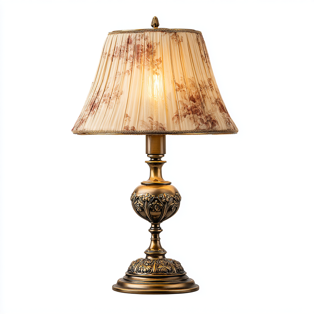 Lámpara de mesa vintage de latón con pantalla plisada floral