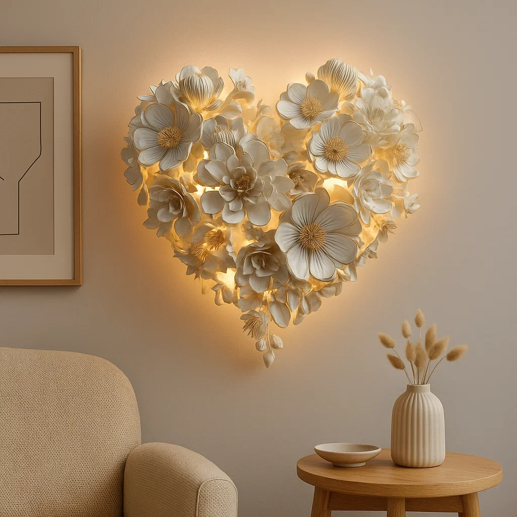 Lámpara de pared en forma de corazón con flores de cerámica