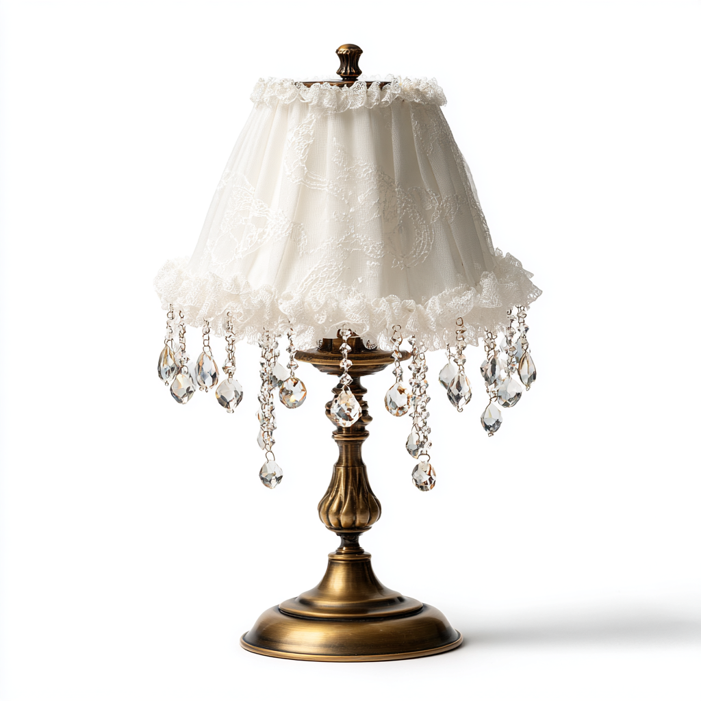 Lámpara de mesa vintage con pantalla de encaje blanco y colgantes de cristal
