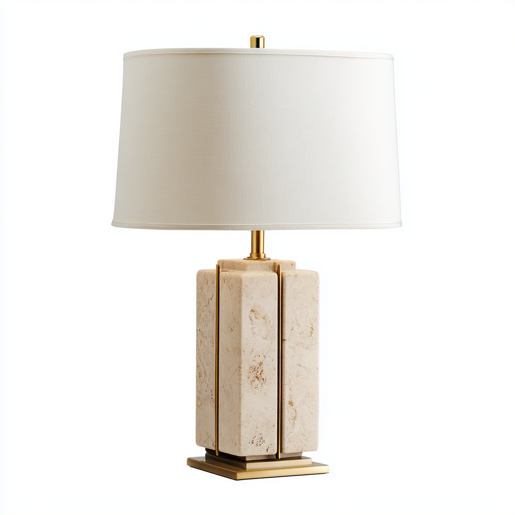 Lámpara de mesa de mármol y latón con pantalla blanca