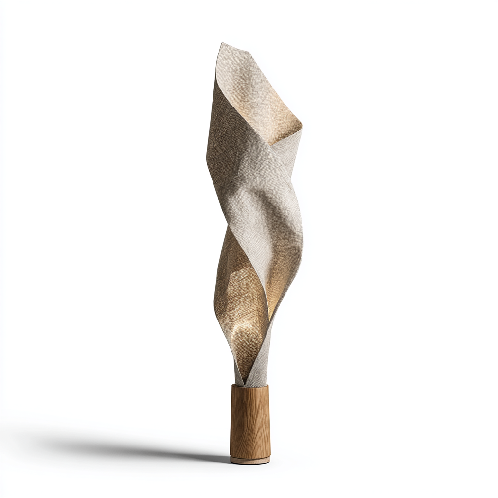 Lámpara de pie escultural con pantalla de lino retorcido y base de madera